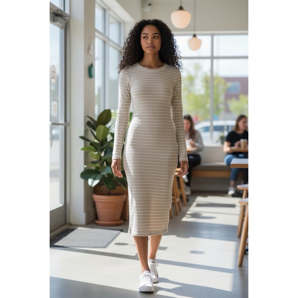 Monrow Ribbed Knit Long Sleeve Striped Bodycon Dress Midi Stretch Small USA